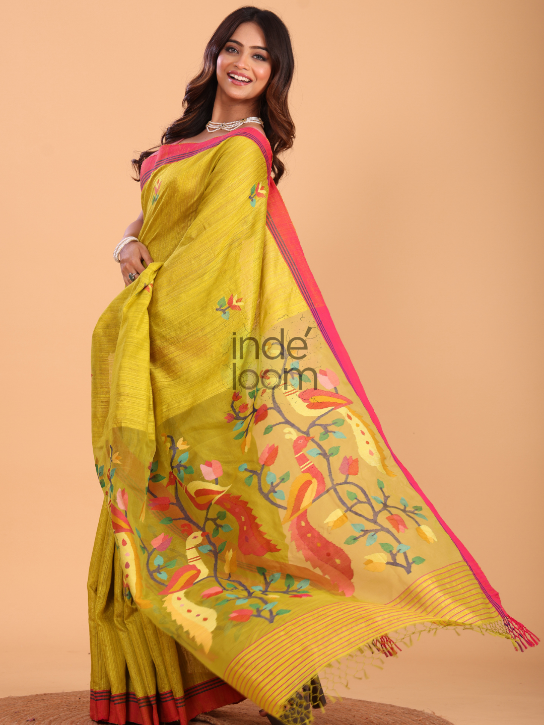 Silk Saree With Neon Yellow - 138
