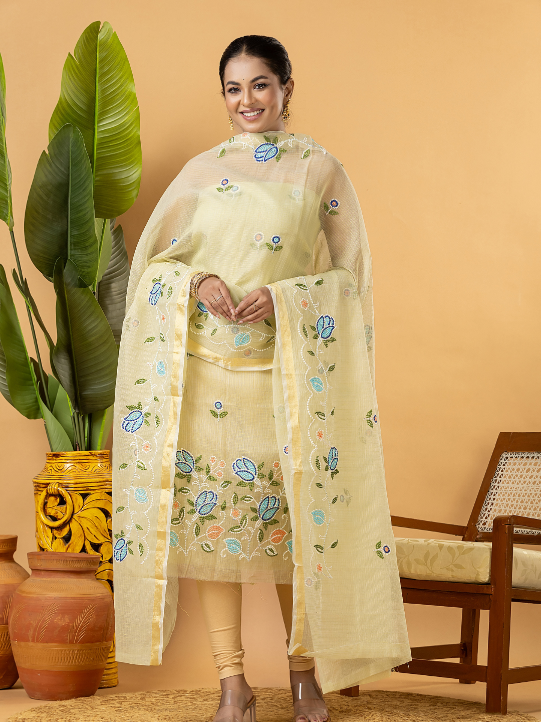 Classic Kota Doria Cotton Unstitched 2-Piece Kurti | Lemon Yellow