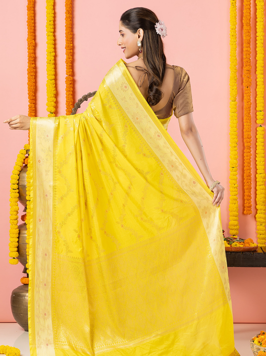 Classic Benarasi Katan Semi Silk Saree | Lemon Yellow