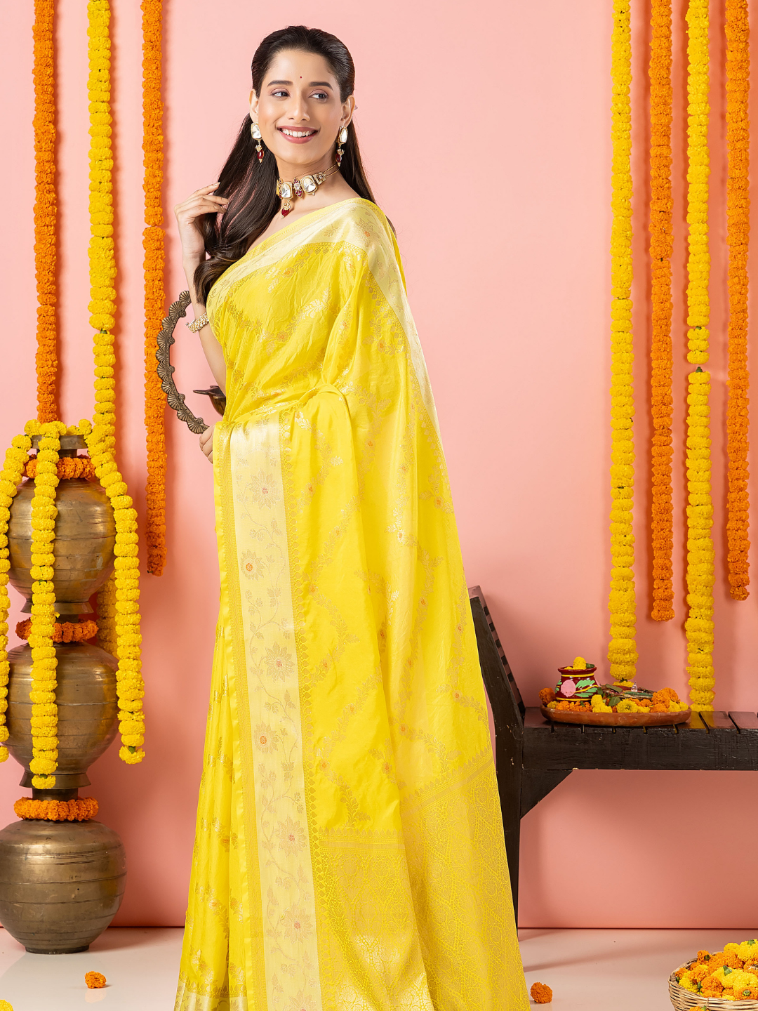 Classic Benarasi Katan Semi Silk Saree | Lemon Yellow