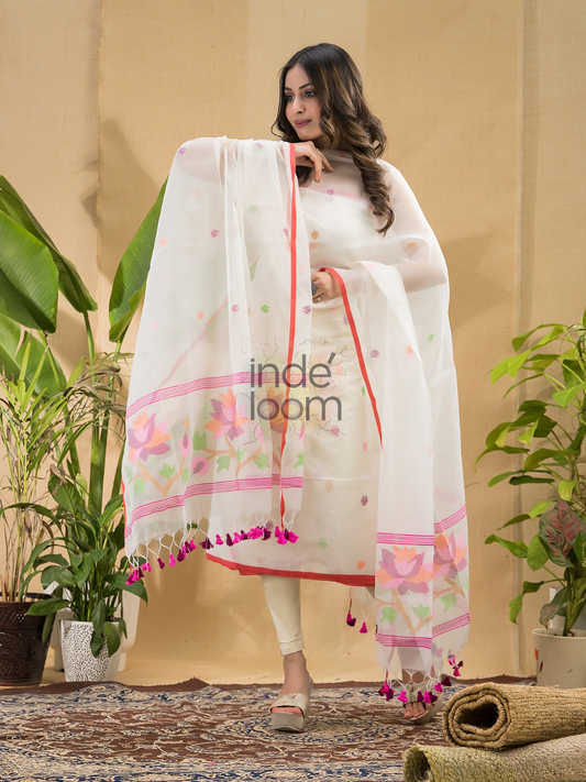Handwoven Jamdani Muslin Unstitched 2-piece Kurti  |  Snow White