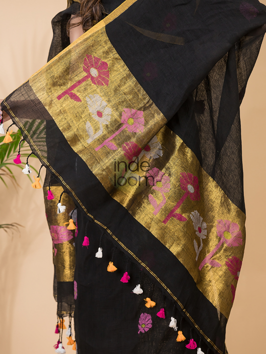 Smokey Black Linen X Linen 2-Piece Set Kurti & Dupatta (UNSTITCHED) -099
