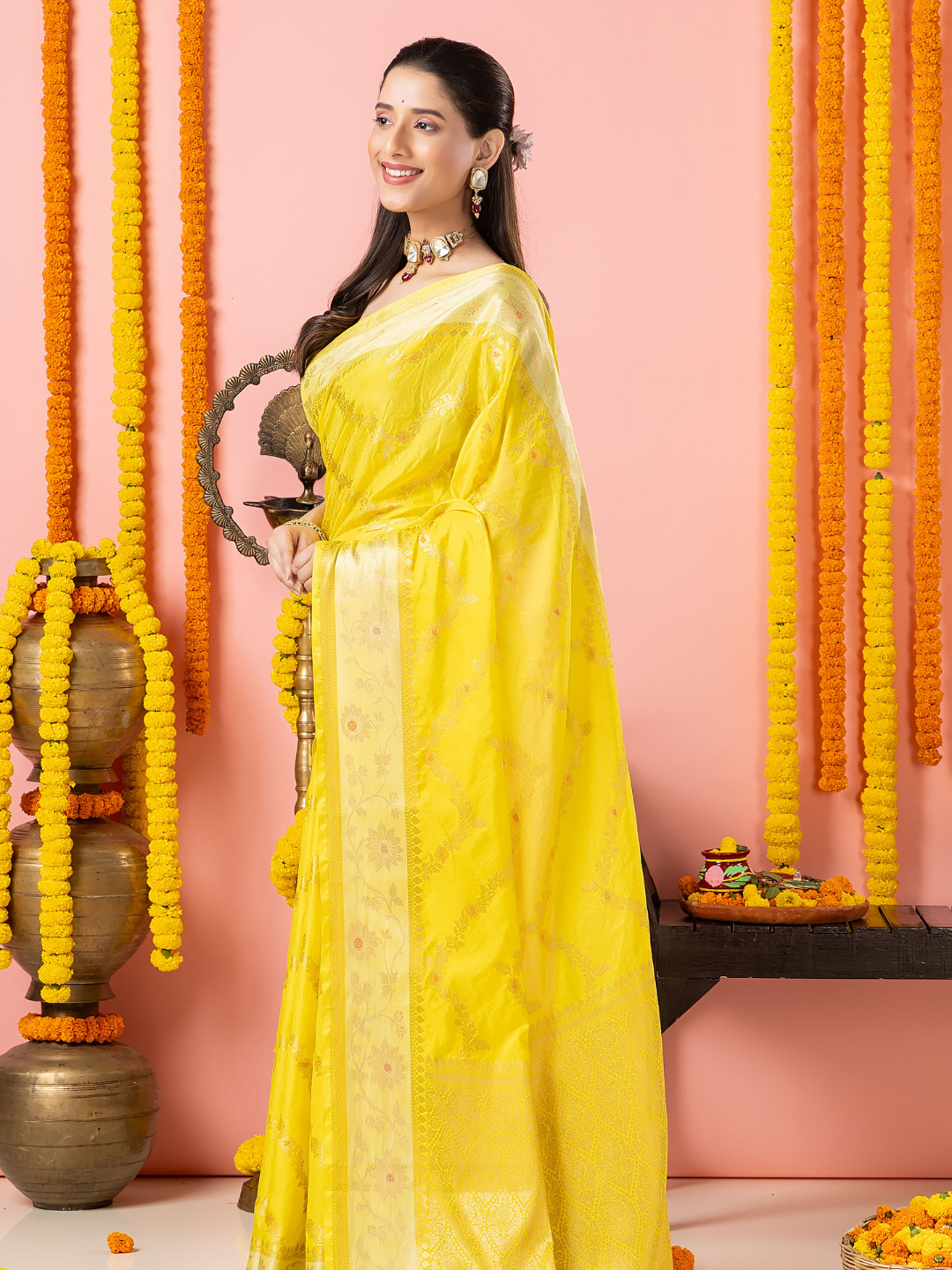 Classic Benarasi Katan Semi Silk Saree | Lemon Yellow