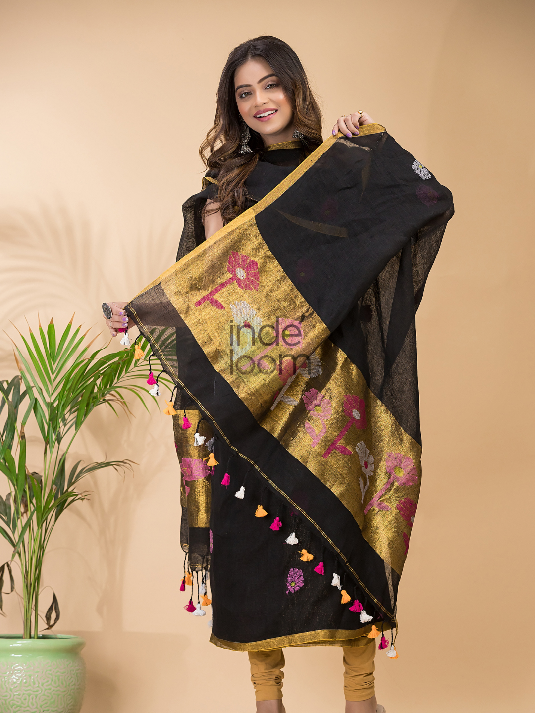 Smokey Black Linen X Linen 2-Piece Set Kurti & Dupatta (UNSTITCHED) -099
