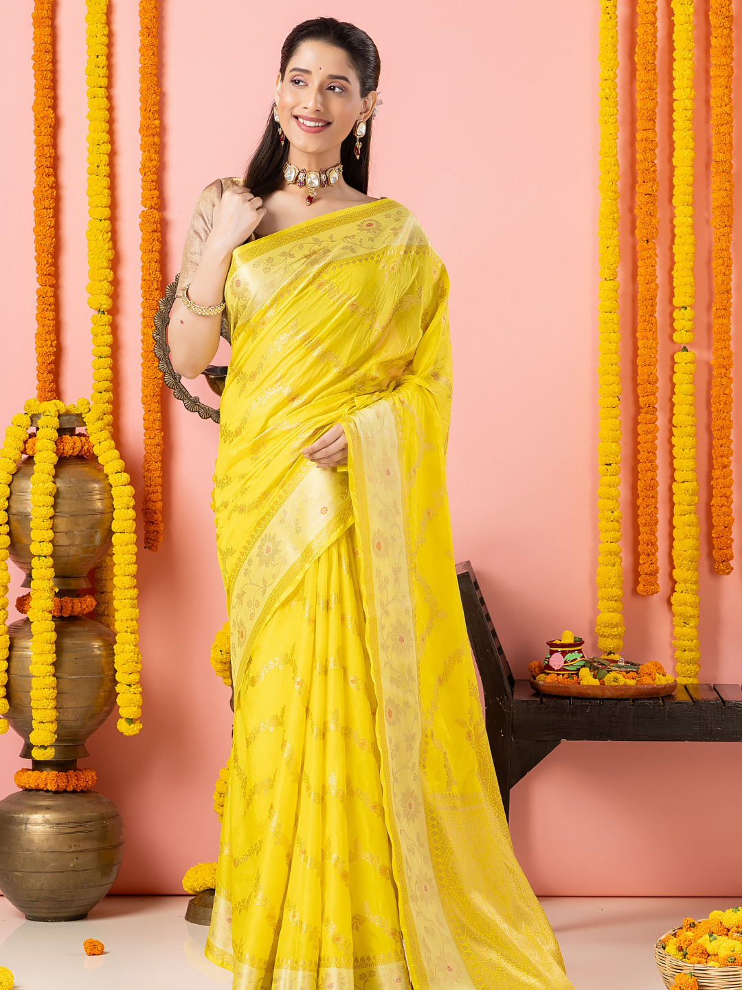 Classic Benarasi Katan Semi Silk Saree | Lemon Yellow
