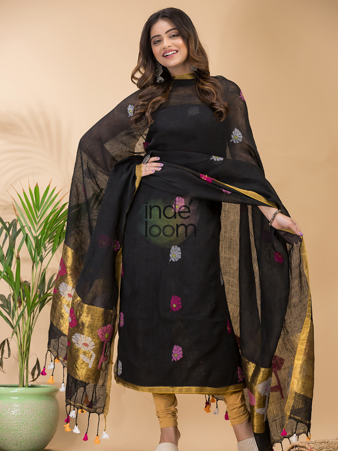 Smokey Black Linen X Linen 2-Piece Set Kurti & Dupatta (UNSTITCHED) -099