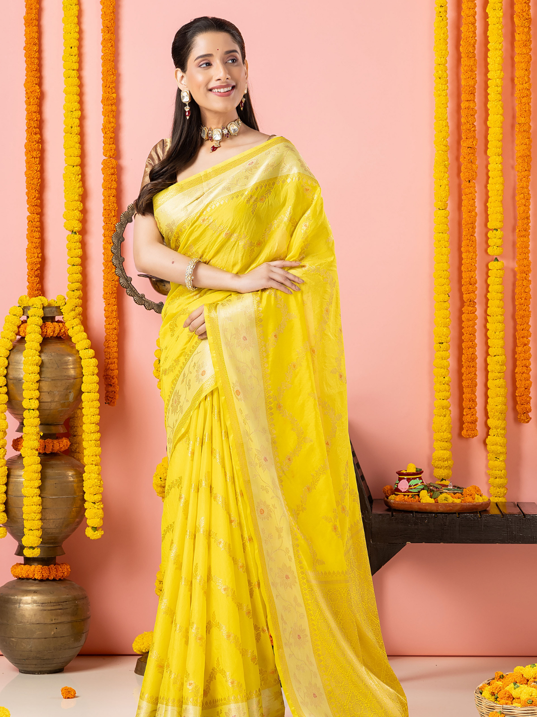 Classic Benarasi Katan Semi Silk Saree | Lemon Yellow