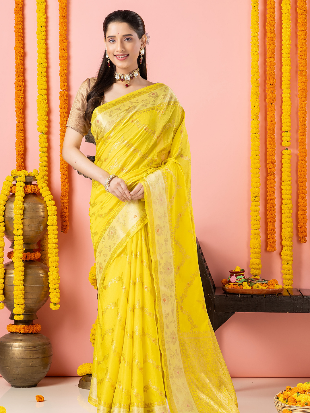 Classic Benarasi Katan Semi Silk Saree | Lemon Yellow
