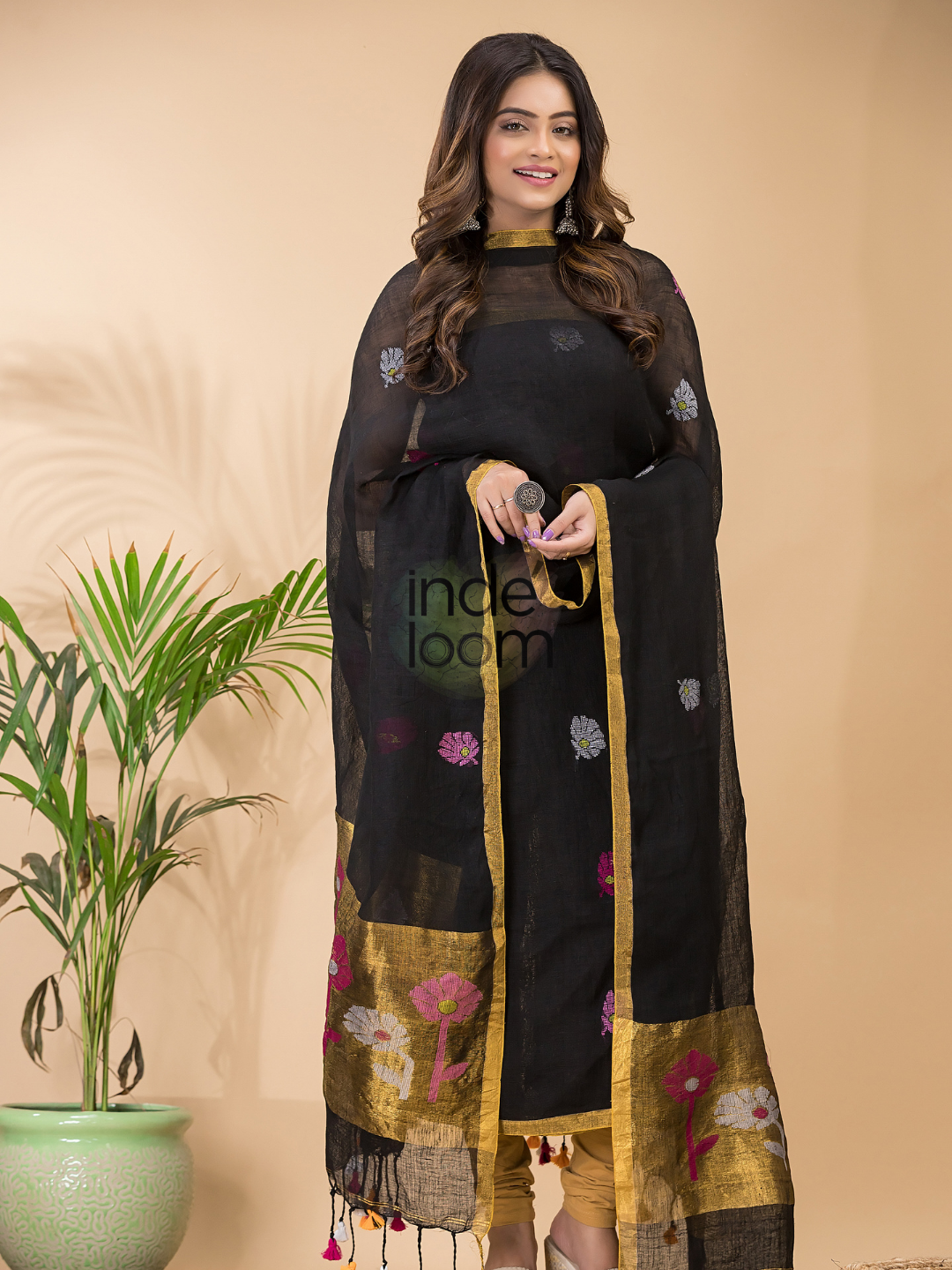Smokey Black Linen X Linen 2-Piece Set Kurti & Dupatta (UNSTITCHED) -099