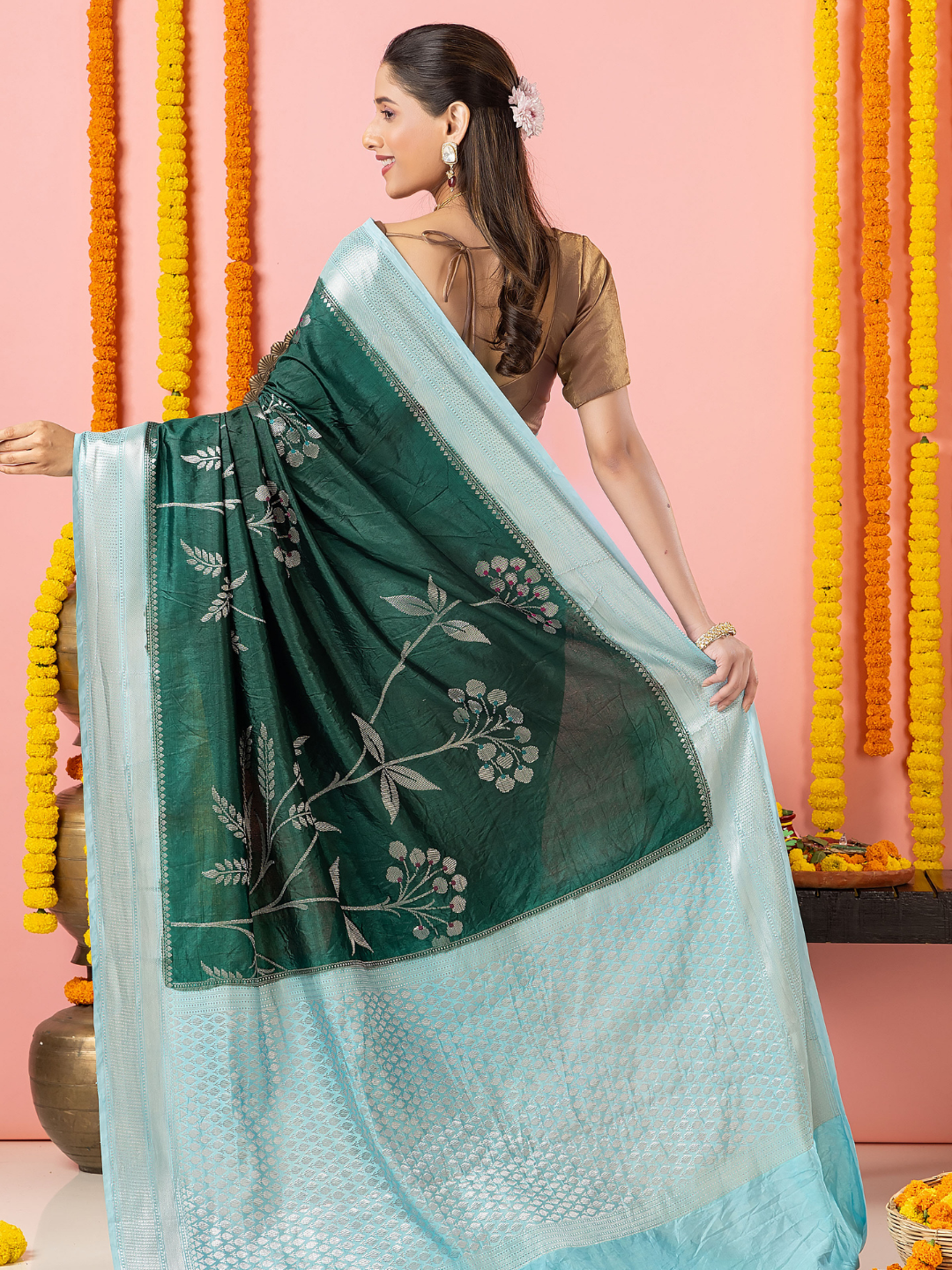 Classic Benarasi Semi Silk Saree | Dark Green