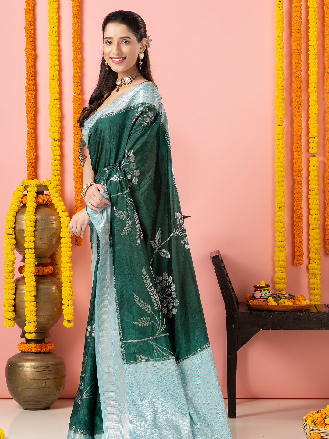 Classic Benarasi Semi Silk Saree | Dark Green