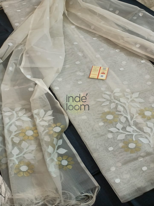 Muslin Jamdani 2-Piece Set Kurti & Dupatta (UNSTITCHED) Silver White -945