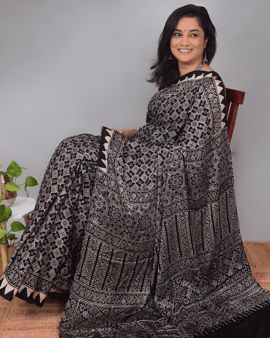 Ajrakh Exclusive Designer Modal Silk in Black and Blue with Intricate Pattern - 043 - indeloom