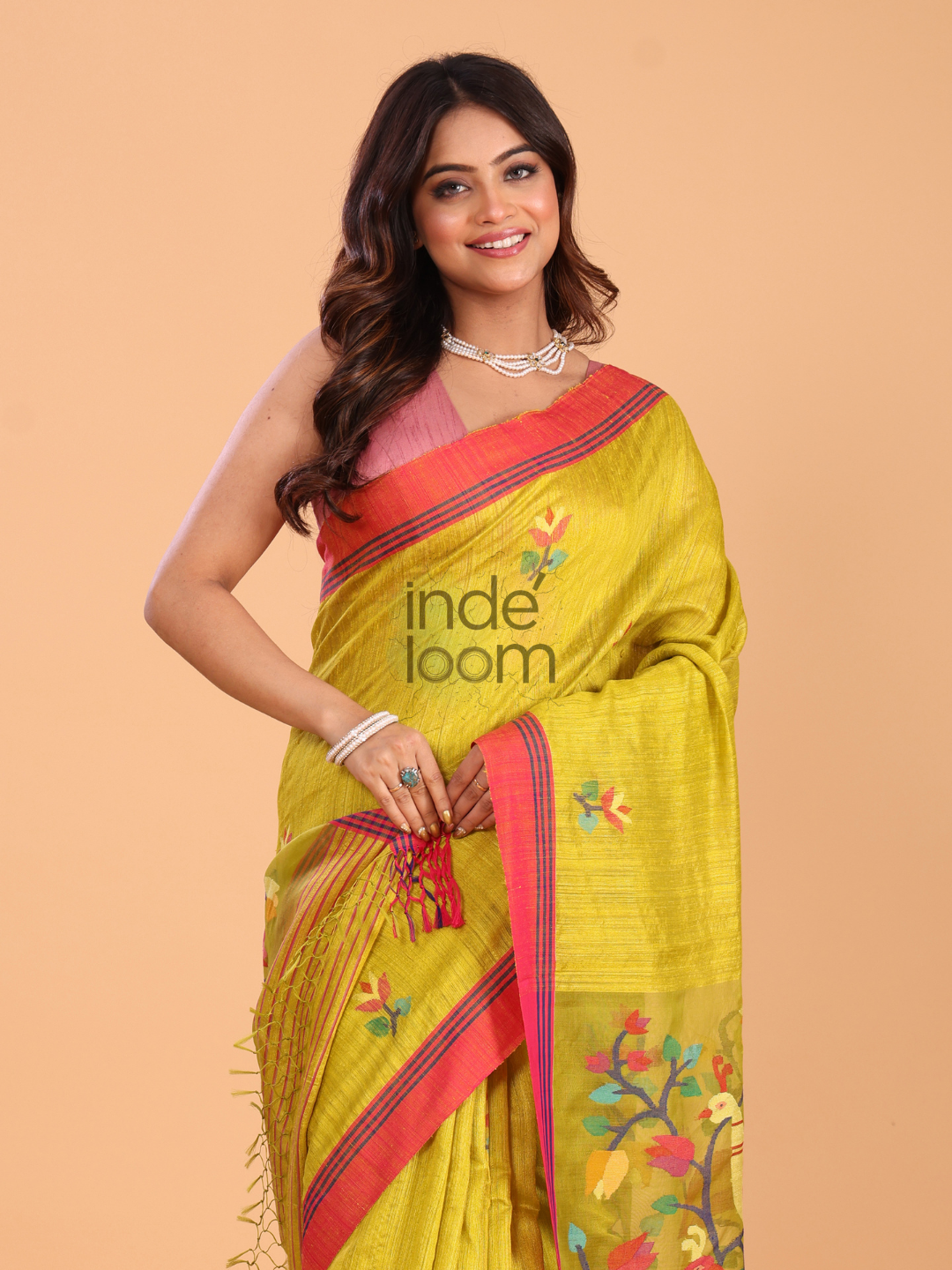 Silk Saree With Neon Yellow - 138