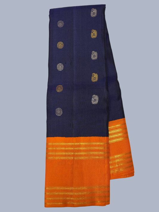 Pure Handwoven Gadwal Silk Saree With Deep Navy Blue -030