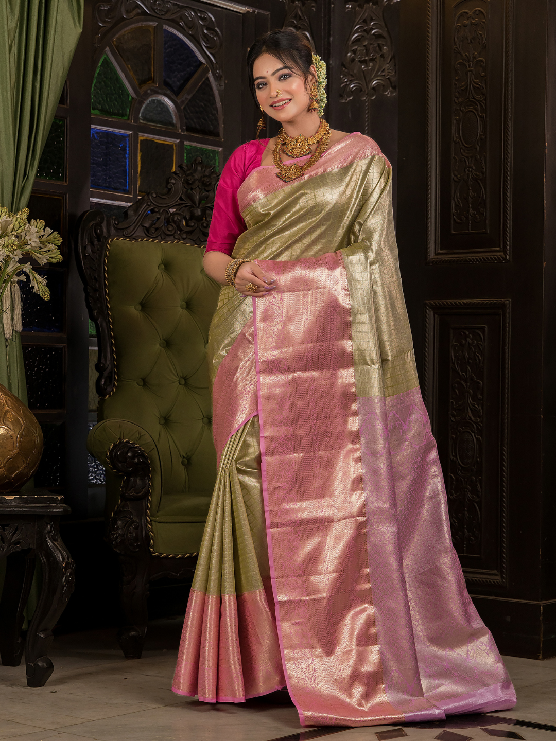 Tulasi  -  Basil green silk with pink-gold border and temple zari