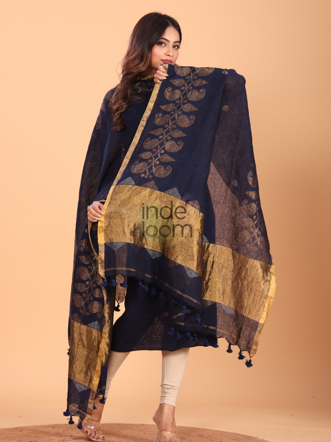 Dark Blue Linen Jamdani 2-Piece Set Kurti & Dupatta (UNSTITCHED) - 070