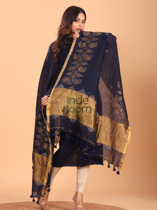 Dark Blue Linen Jamdani 2-Piece Set Kurti & Dupatta (UNSTITCHED) - 070