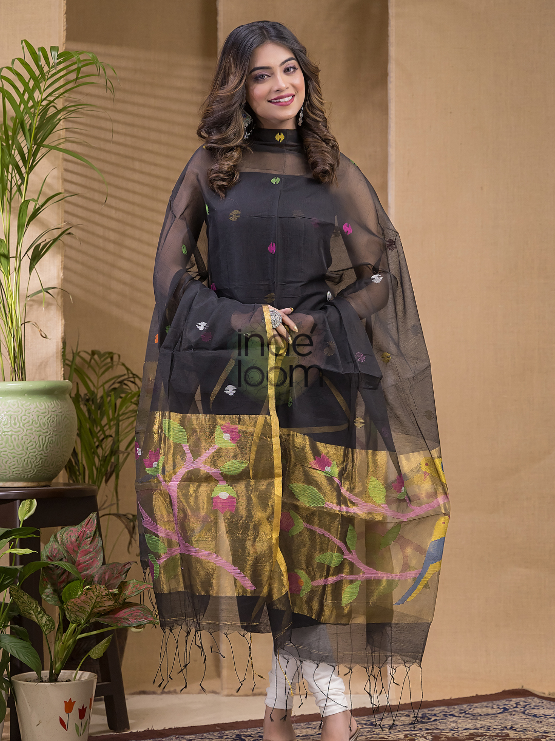 Smokey Black  Jamdani 2-Piece Set Kurti & Dupatta (UNSTITCHED) -660