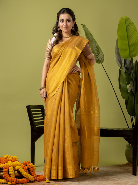 Pure Handloom Linen Saree | Golden Yellow  and Yellow | Half and Half style with Contrast Border