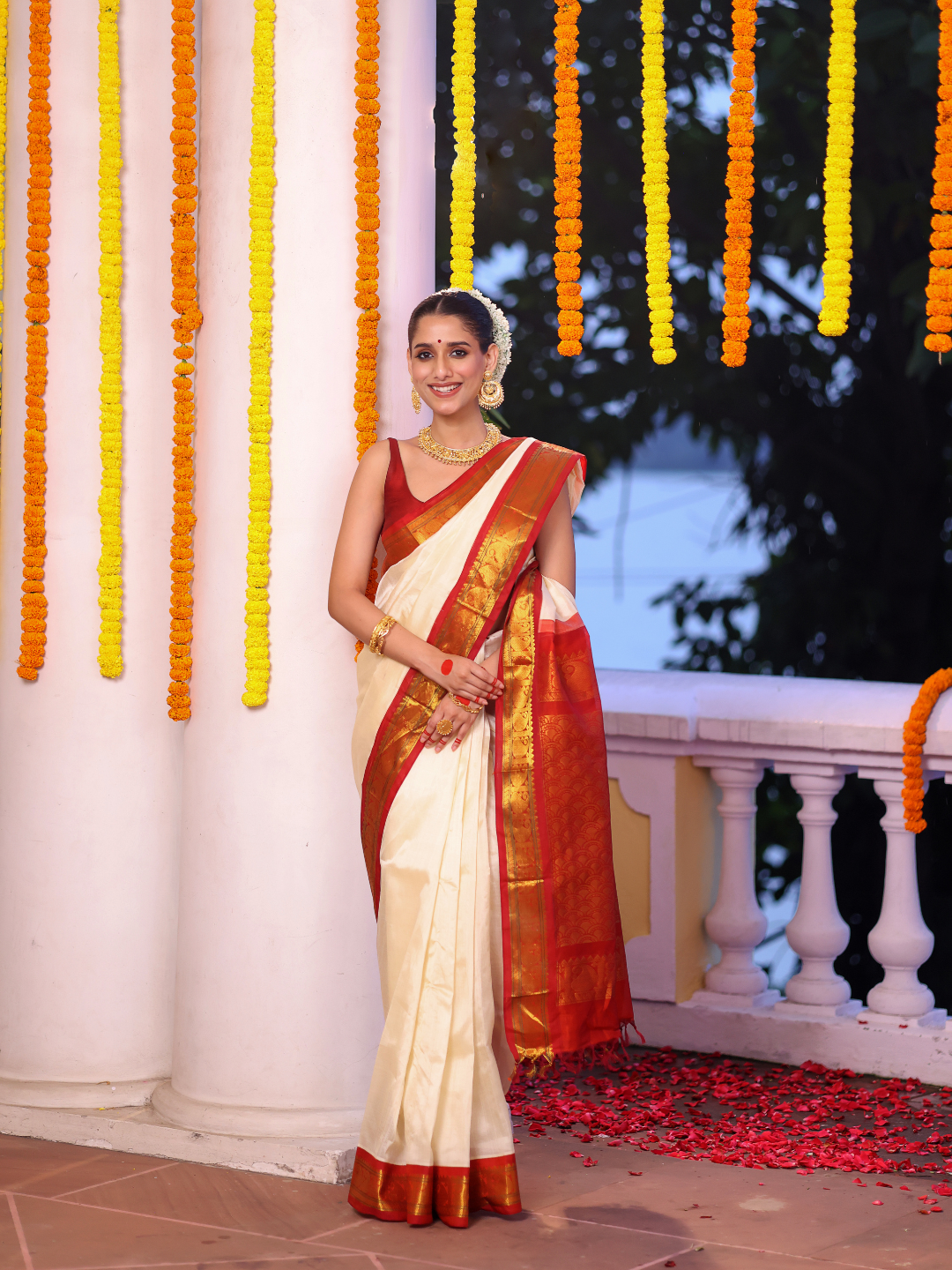 Pure Handloom Korvai Saree | Cream White and Red