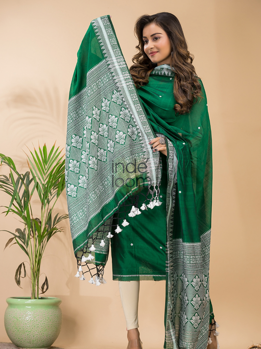 Dark Green Muslin Cotton X Baluchari 2-Piece Set Kurti & Dupatta (UNSTITCHED) - 069