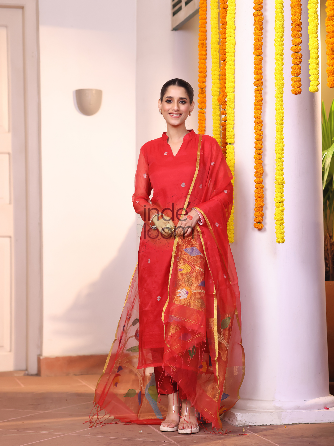 Imperial Red Sequin Paithani Jamdani 2-Piece Set Kurti & Dupatta (UNSTITCHED) - 309