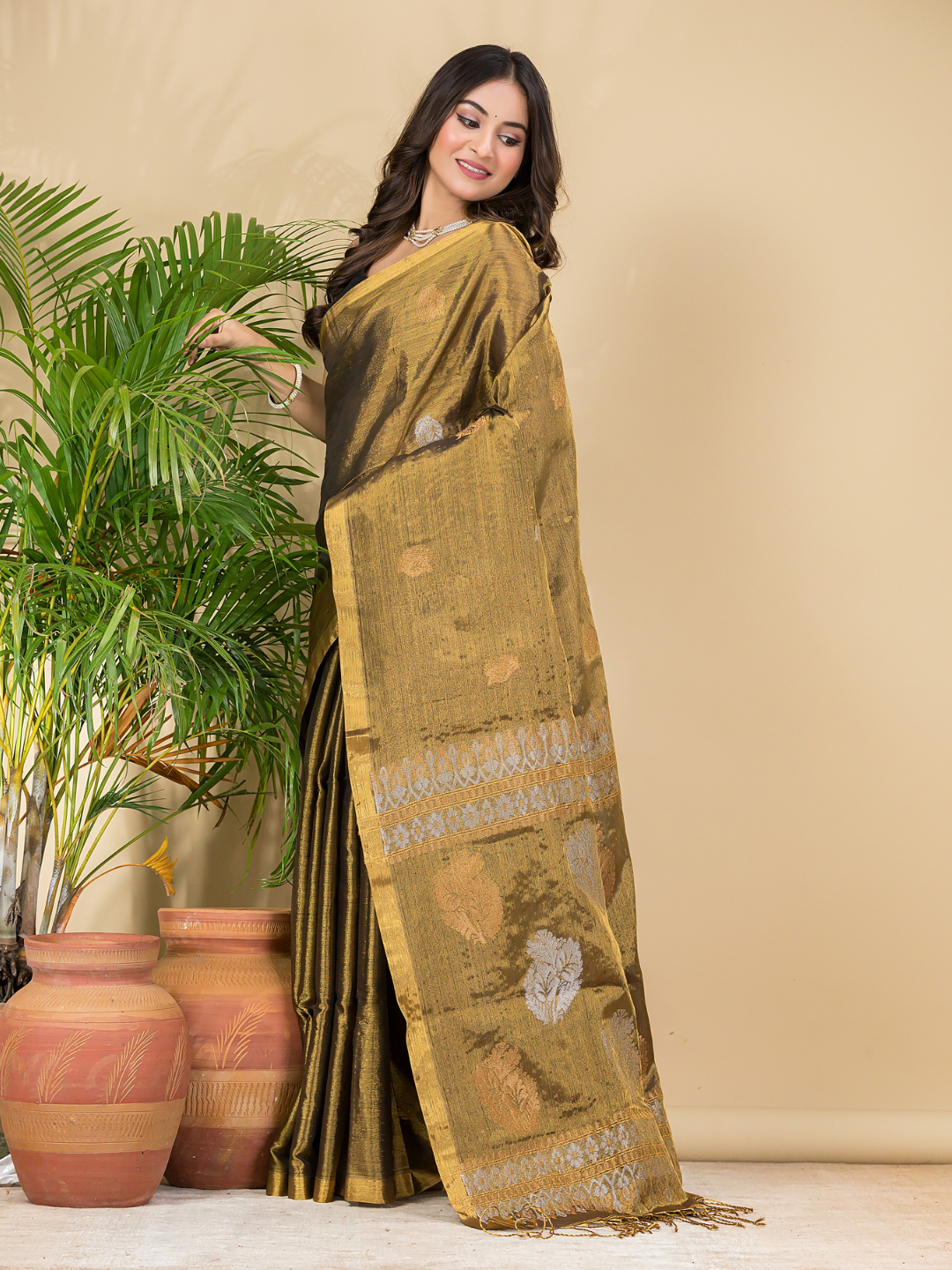 Tissue Silk Saree With Golden Brown - 029