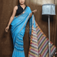Handloom Linen Checks Saree with Indigo Blue-013 - indeloom