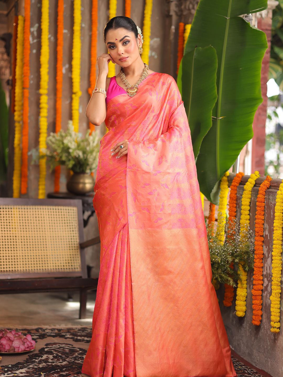 Padma Roopa - Coral lotus-toned drape with bird motifs