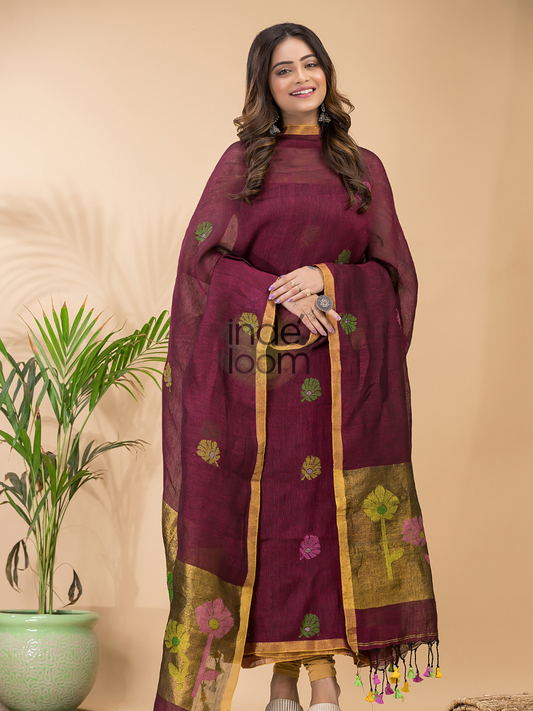 Handwoven Jamdani Linen Unstitched 2-piece Kurti  |  Wine Red