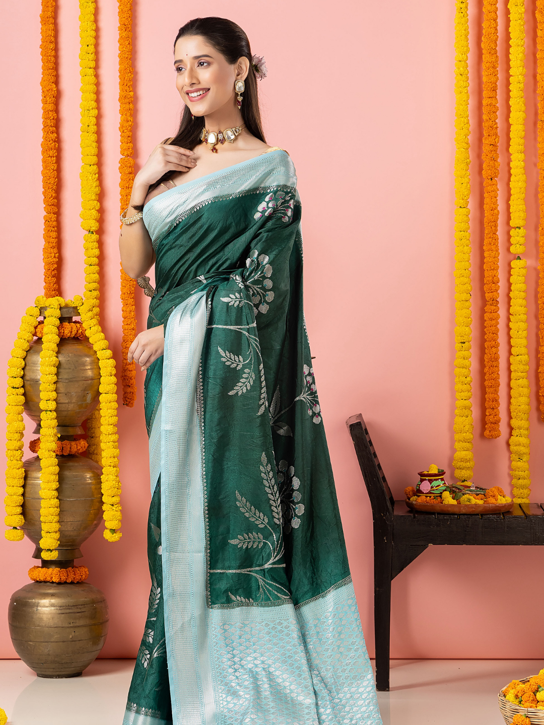 Classic Benarasi Semi Silk Saree | Dark Green