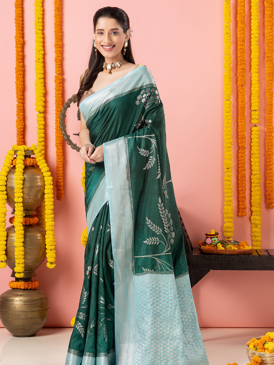 Classic Benarasi Semi Silk Saree | Dark Green