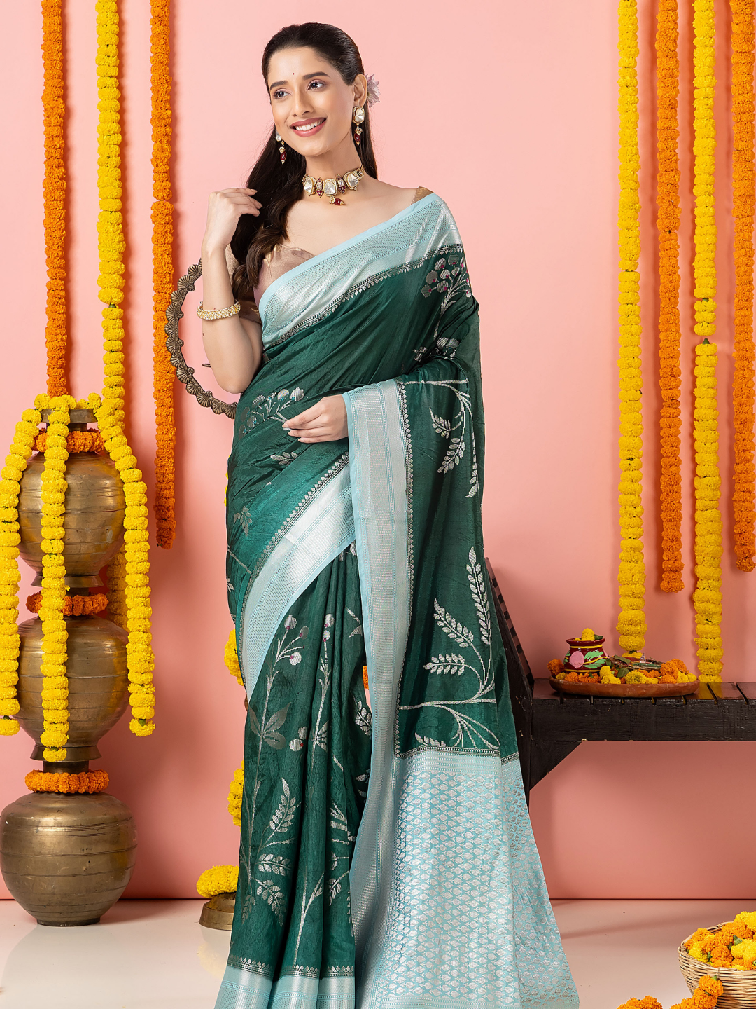 Classic Benarasi Semi Silk Saree | Dark Green
