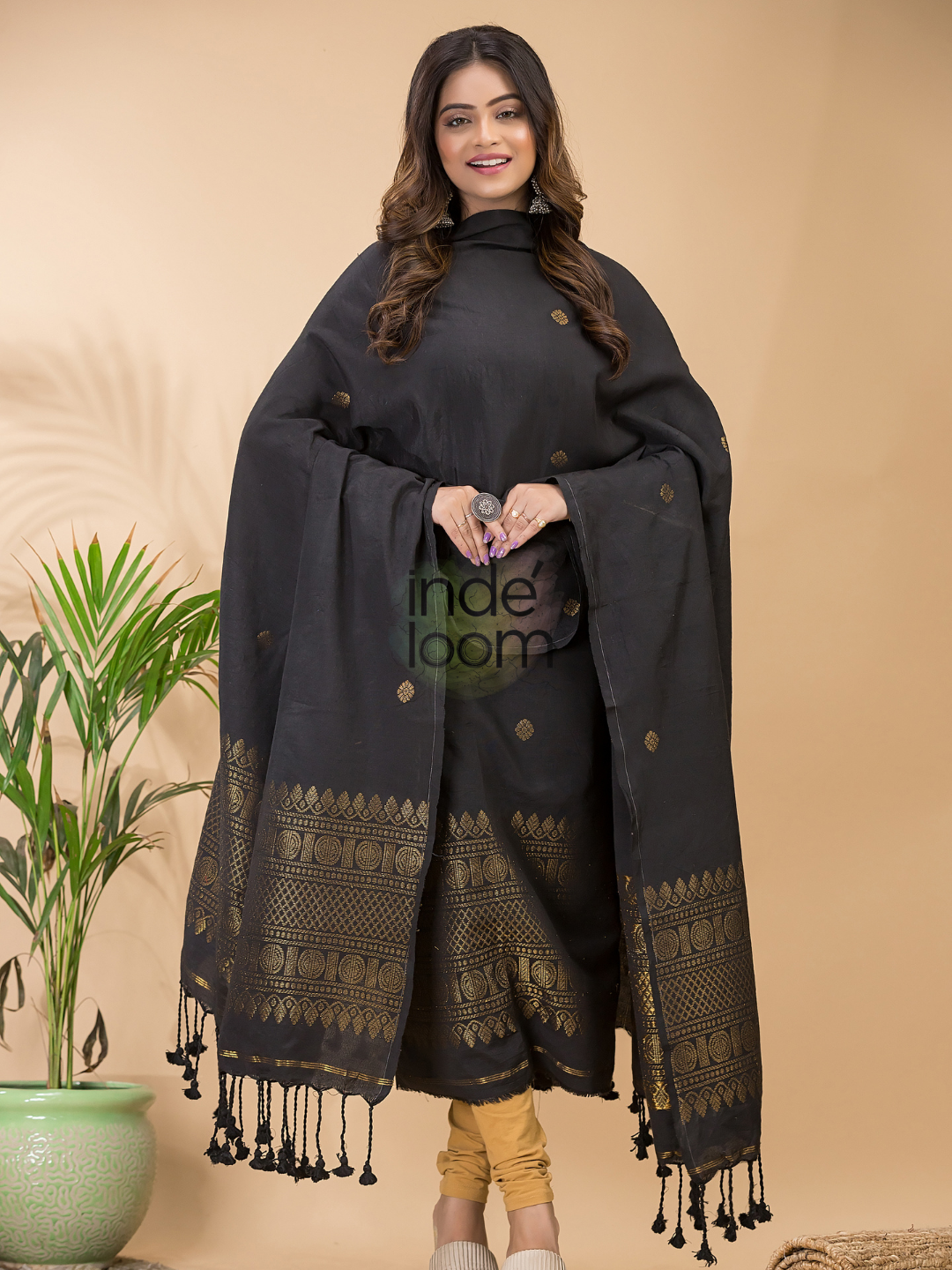 Rich Black Organic Linen 2-Piece Set Kurti & Dupatta (UNSTITCHED) -080