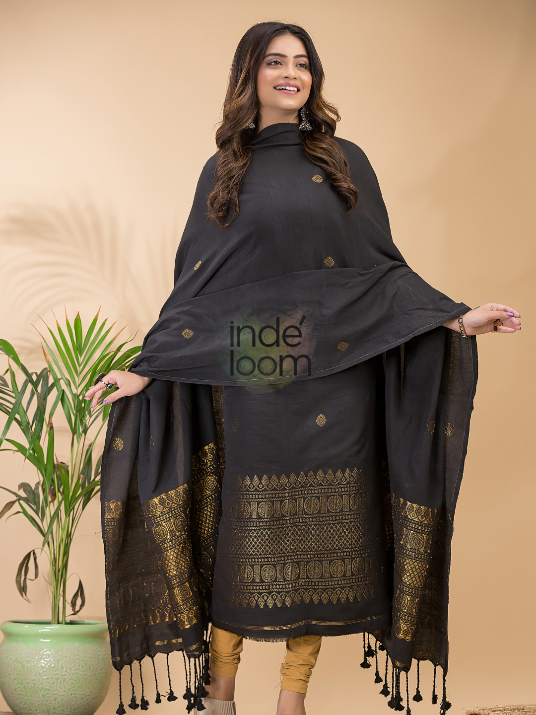 Rich Black Organic Linen 2-Piece Set Kurti & Dupatta (UNSTITCHED) -080