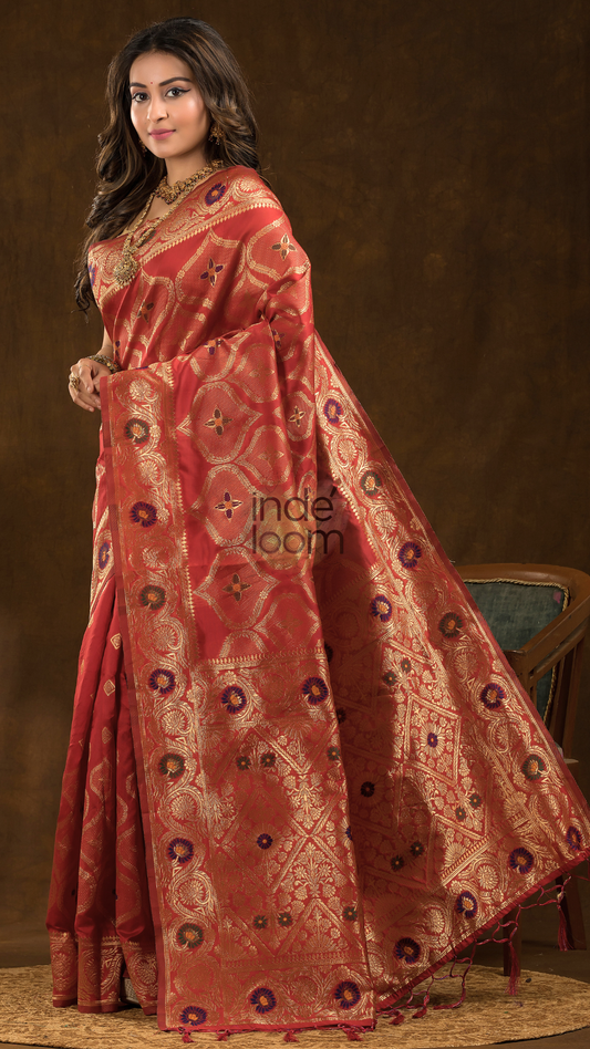 Ethnic woven design Silk blend Jacquard Saree | Ruby Red