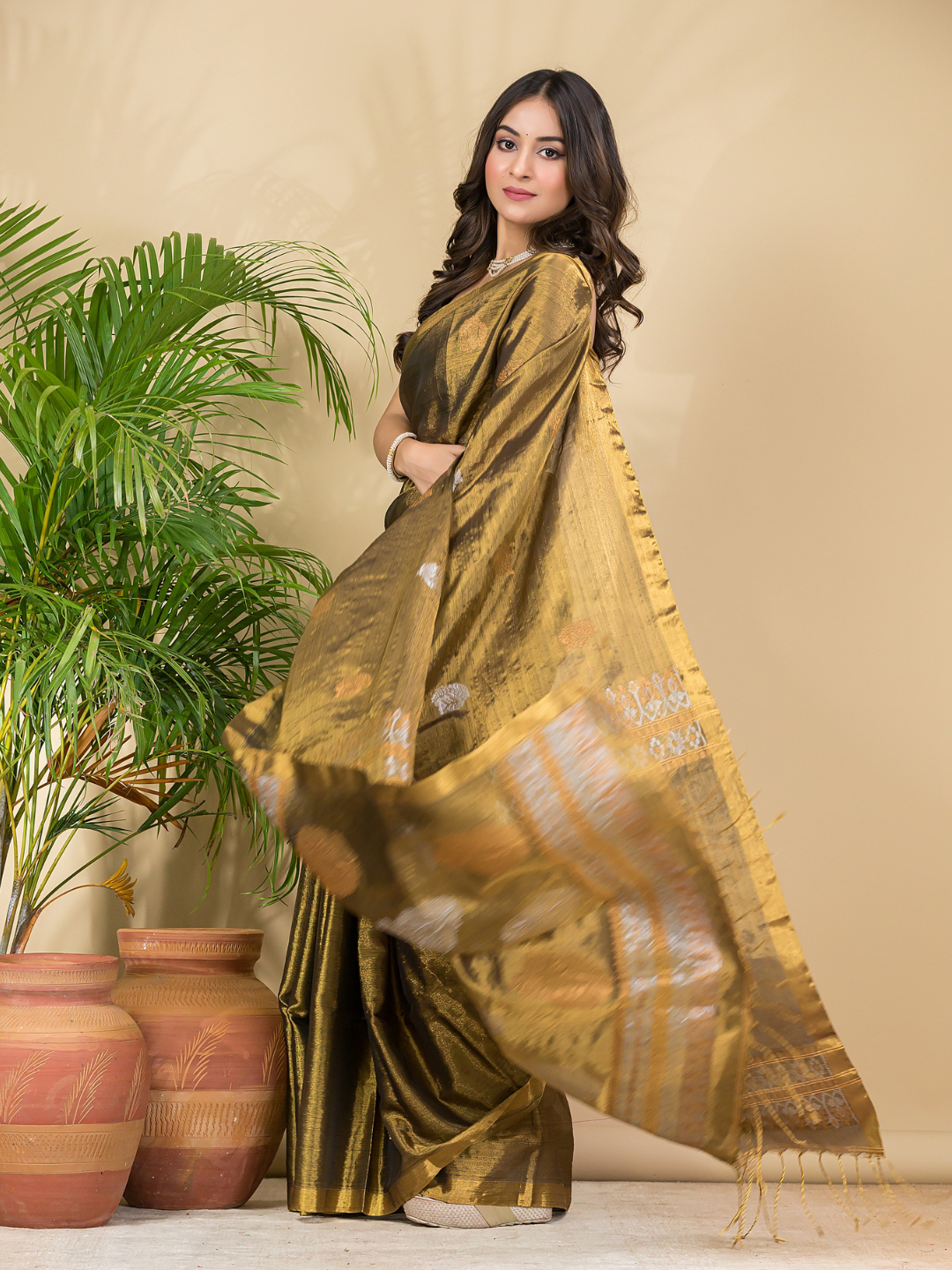 Tissue Silk Saree With Golden Brown - 029