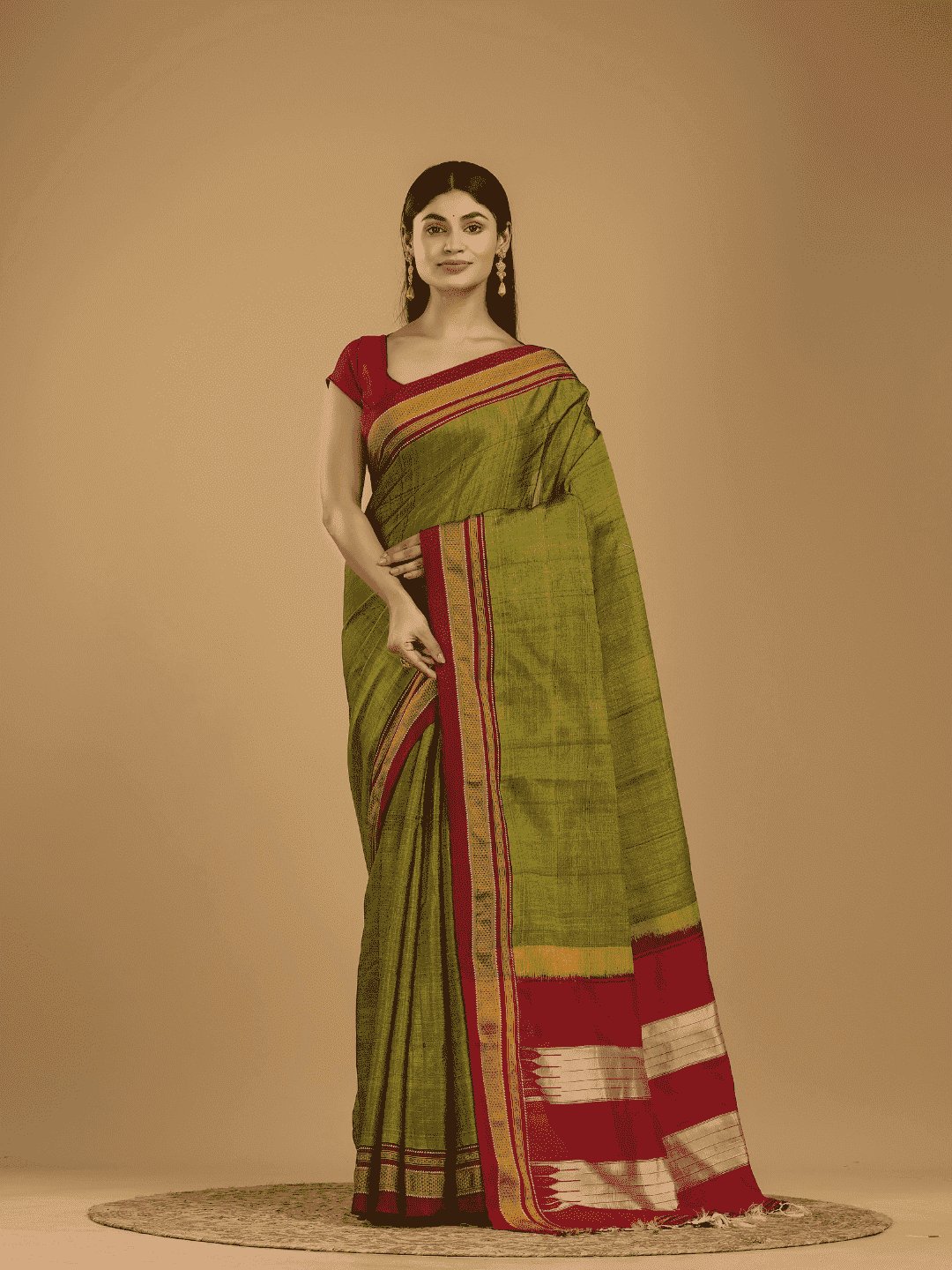 Pure Ilkal Saree With Olive Greenand Red Border - 048