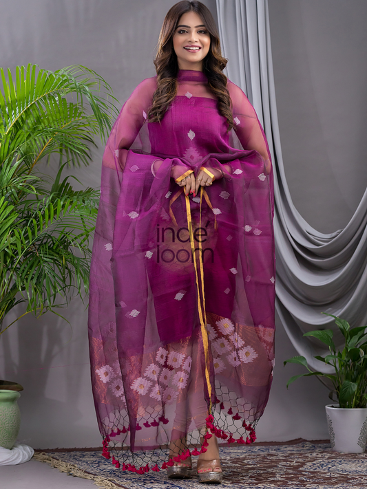 Orchid Purple Matka Jamdani 2-Piece Set Kurti & Dupatta (UNSTITCHED) - 107