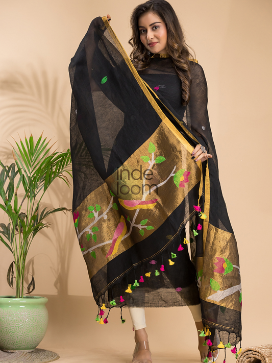 Royal Black Linen X Linen 2-Piece Set Kurti & Dupatta (UNSTITCHED) - 008