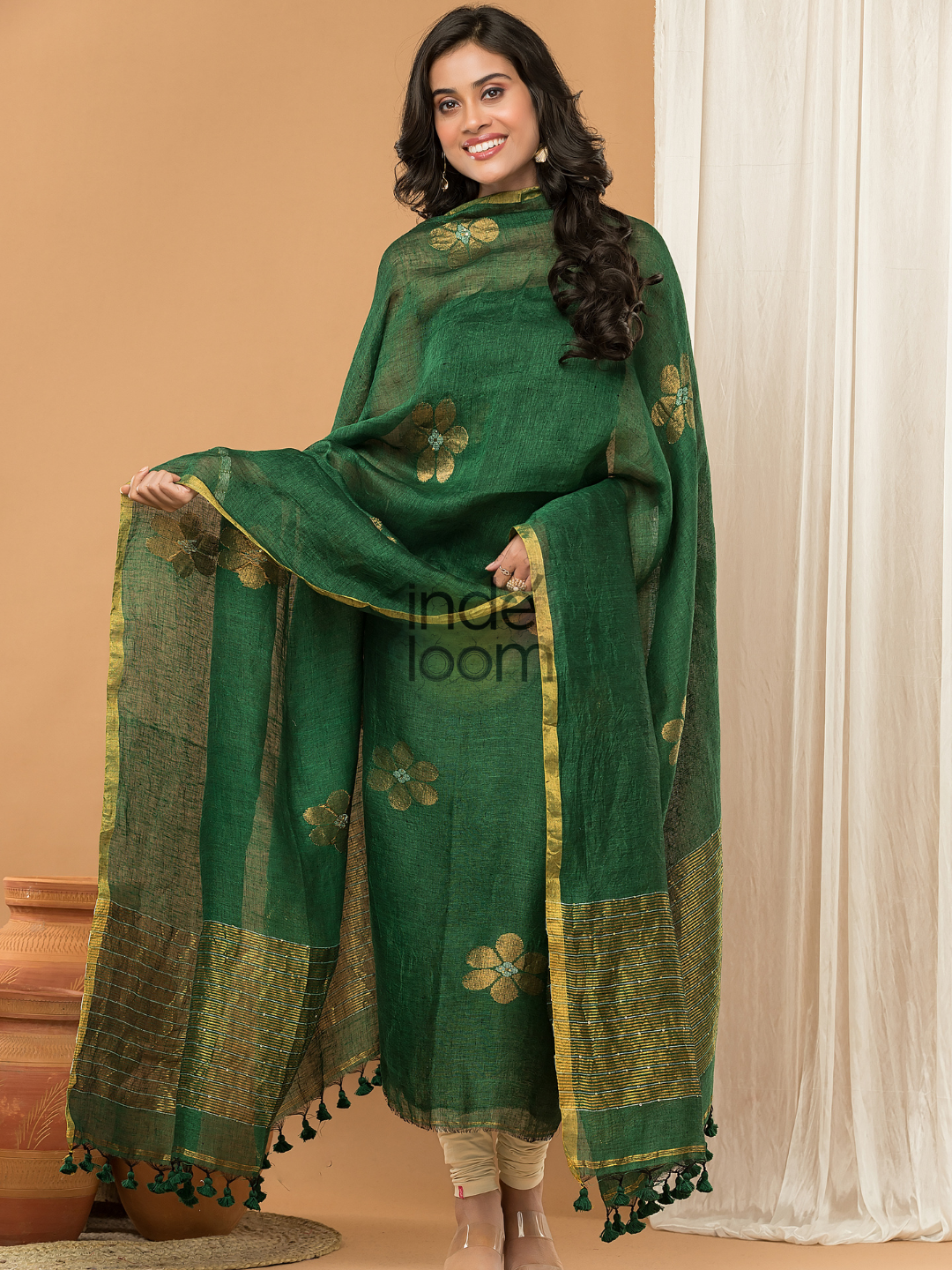 Pine Green color Jamdani 2-Piece Set Kurti & Dupatta (UNSTITCHED) - 144