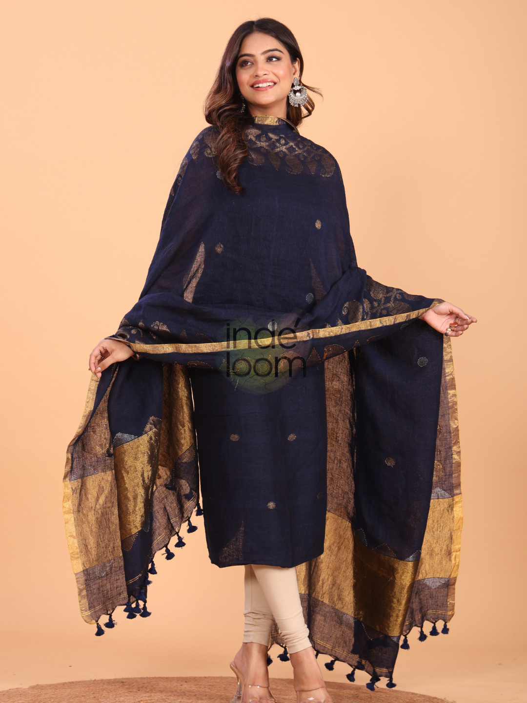 Dark Blue Linen Jamdani 2-Piece Set Kurti & Dupatta (UNSTITCHED) - 070