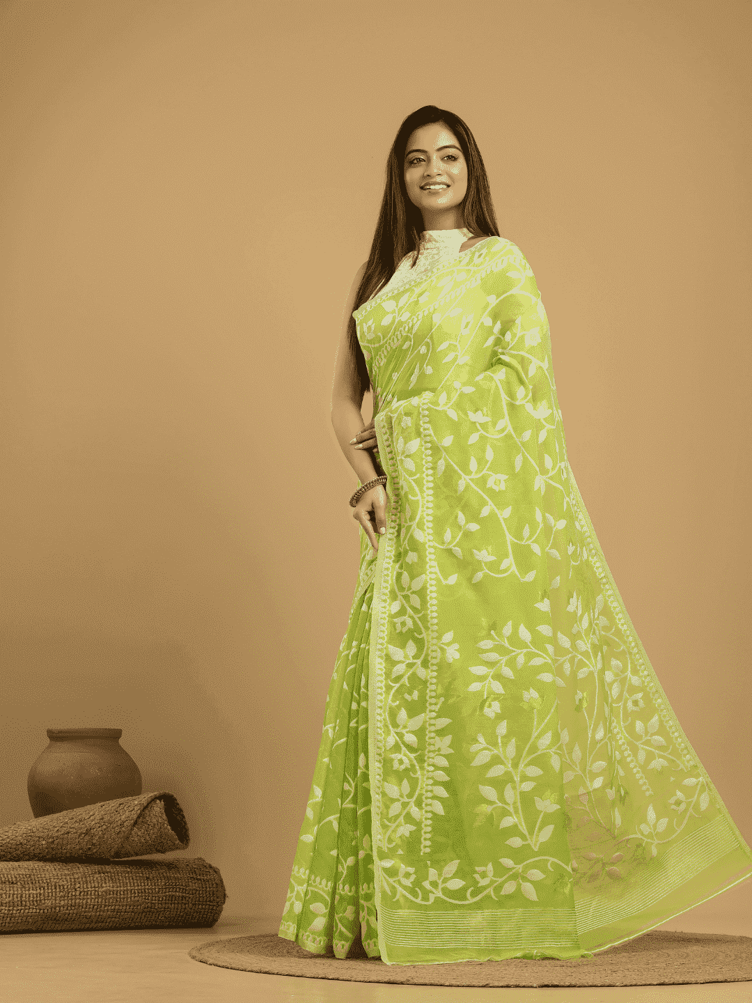 Cotton Silk Jamdani Saree With Pear green - 007