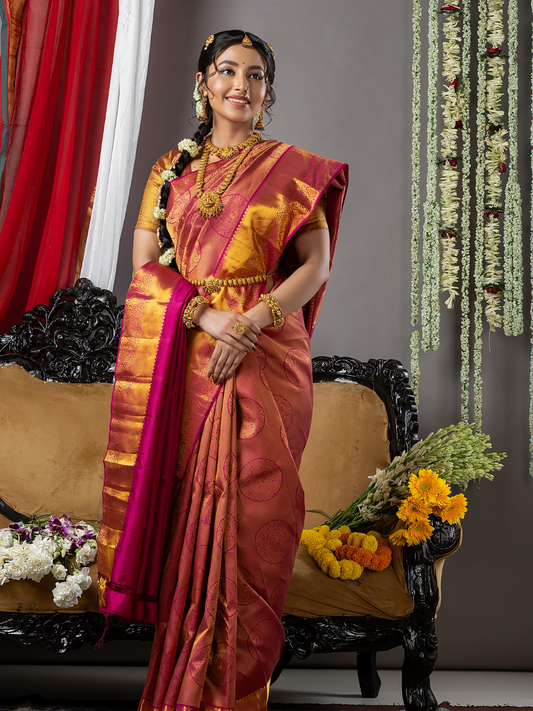 Handloom Kanjivaram Silk Saree | Copper Rose