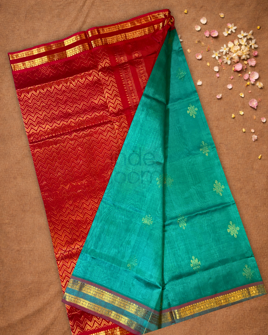 Handloom Korvai Silk Cotton Saree  |  Peacock Teal