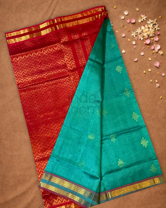 Handloom Korvai Silk Cotton Saree  |  Peacock Teal