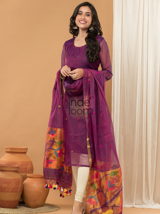 Handwoven Jamdani Muslin Unstitched 2-piece Kurti  |  Plum Purple