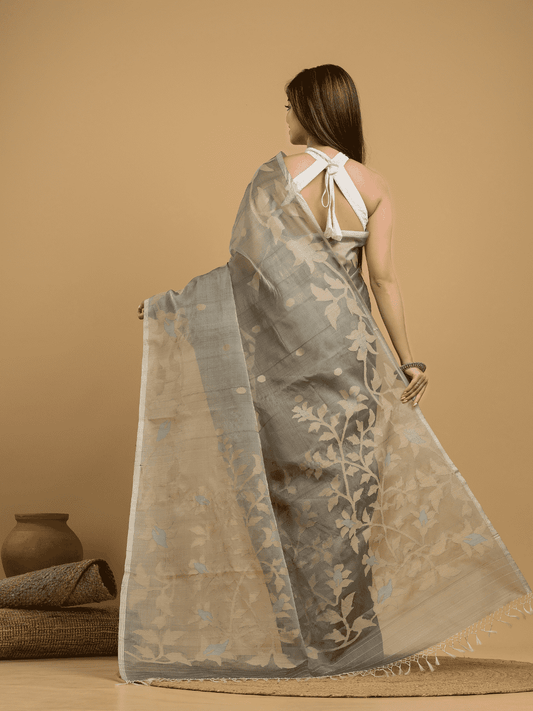 Light Black Cotton Silk Jamdani Saree - 027 - indeloom