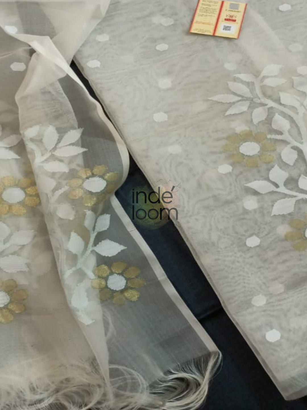Muslin Jamdani 2-Piece Set Kurti & Dupatta (UNSTITCHED) Silver White -945